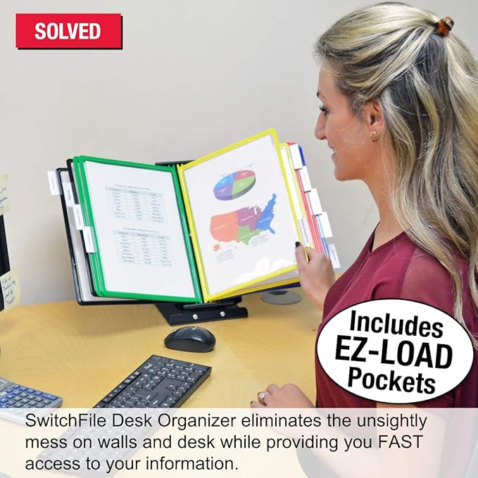 Ultimate Office SwitchFile Reference Organizer Displays Both Landscape or Portrait Documents, Desk or Wall Mount, Featuring, 10 EZ-Load Pockets to Hold 20 Sheets of Paper (Colored Pockets)