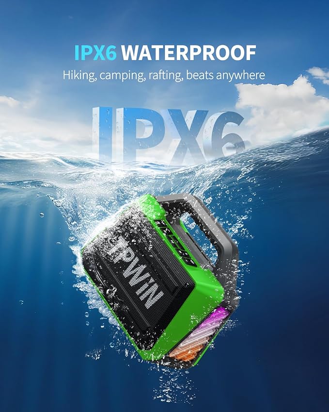 Bluetooth Speaker - 80W Loud Rugged Outdoor Speakers, IPX6 Waterproof, 20H Playtime, Deep Bass, Lightshow, TWS, BT 5.3 Wireless, Portable for Travel Hiking Camping Beach Pool - Green