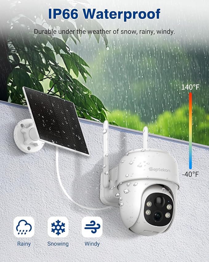 Septekon 360°PTZ Security Cameras Wireless Outdoor 2 Pack, 2K Solar Battery Powered Cameras, 2.4G WiFi Camera with Spotlight, Motion Detection, Siren, Color Night Vision, IP66, White