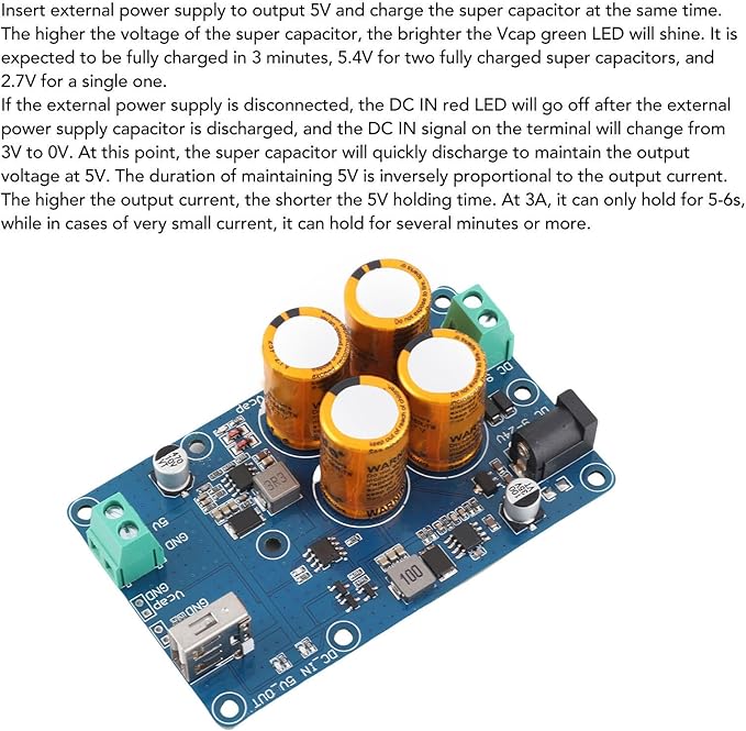Super Capacitor UPS 5V3A Output, Compact Design with Power Indicator for RPI Uninterruptible Power Supply (4S)