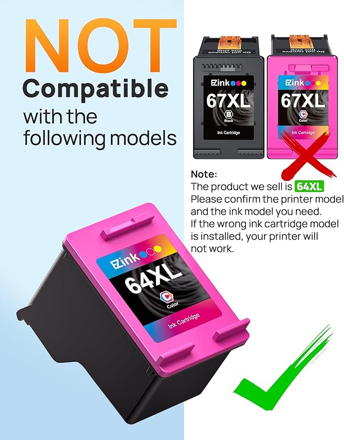 64XL Ink Cartridges Black and Color Combo Pack Remanufactured for HP Ink 64 64XL 64 XL Ink to use with HP Envy Photo 7855 7858 7155 7120 7158 7164 6255 Tango X Printers (1 Black, 1 Tri-Color)