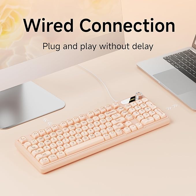 V102 Wired Keyboard, 98 Keys Creamy Gaming Keyboard with Number Pad, Display Screen & Media Knob RGB Silent Wired Cute Computer Keyboard for Laptop PC Gamer - Cream Pink