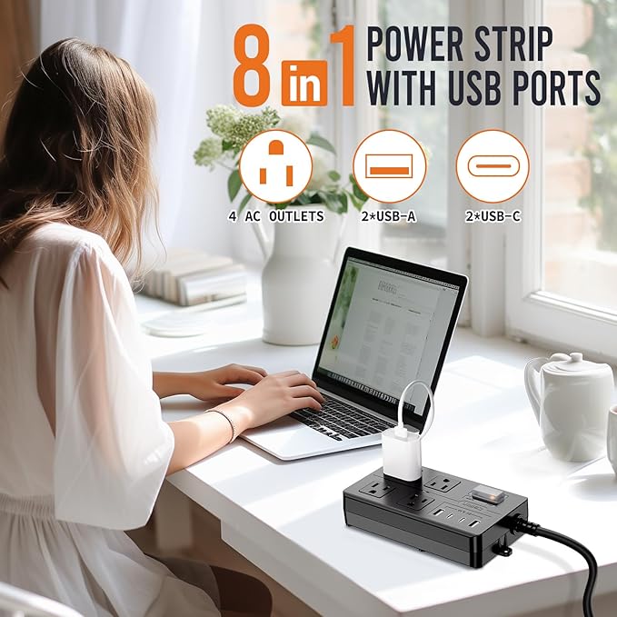 VNJ Outdoor Power Strip with 4AC Outlets + 4USB Ports, IPX6 Waterproof Surge Protector, Safety Lock Design and ETL-Certified Cables, 15FT Extension Cord for Home, Garden, and Commercial Use