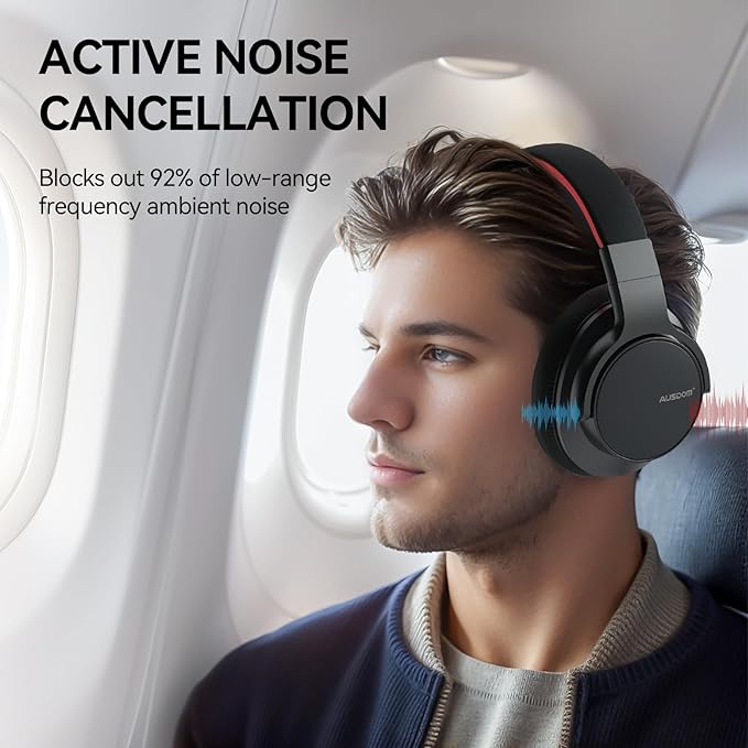 AUSDOM Active Noise Cancelling Headphones, Wireless Over Ear Bluetooth Headphones with Deep Bass, Memory Foam Ear Cups, 50H Playtime, Hi-Fi Stereo Audio, 3.5mm Wired Audio Jack, for Travel/Home/Office