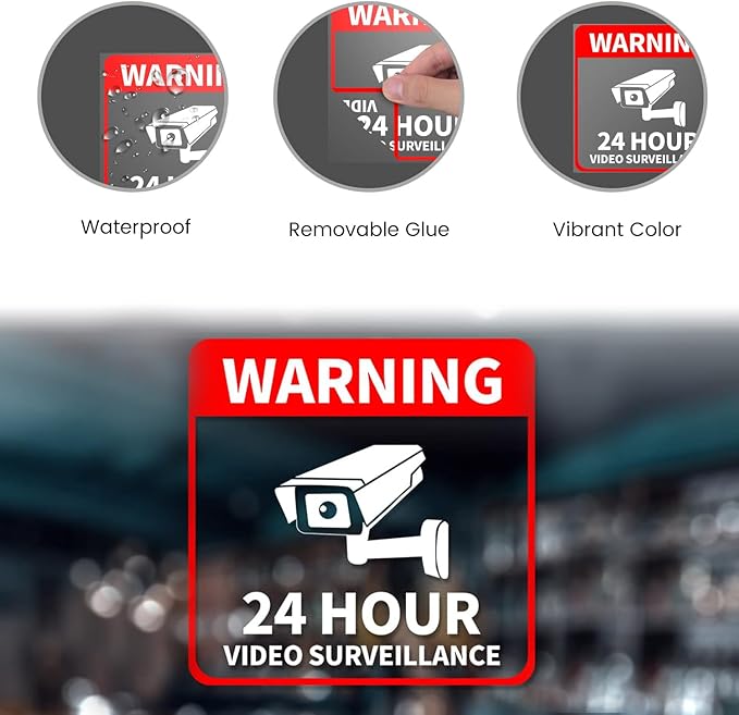 Video Surveillance Sticker Vinyl 6 x 6 Inch 24 Hour CCTV Camera Warning Security Decal for Window Door Business 5 Pack