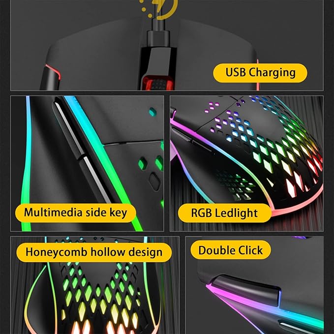 VEGCOO Wireless Gaming Mouse, C30 Silent Click Wireless Rechargeable Gaming Mouse with Double-Click Key and Colorful LED Lights, 3 Level Adjustable DPI, 400mah Lithium Battery for Gaming and Working