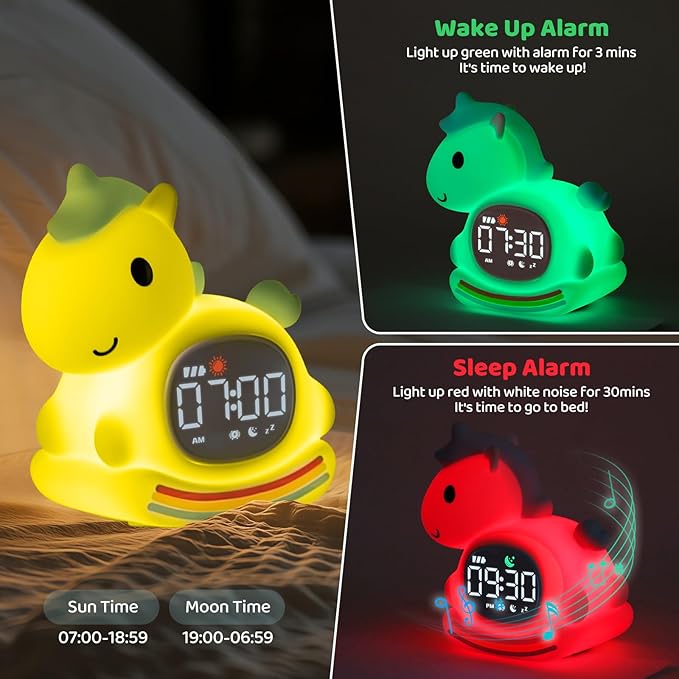 Alarm Clock with Night Light for Kids with Sleep Training and Sound Machine, Rechargeable Silicone Lamp OK to Wake Clock，Cute Animal Tabletop Lamp, Perfect Sleep Companion for Boys Girls，Blue Pony