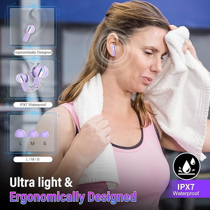 Wireless Earbuds, Bluetooth 5.4 Headphones with Multifunction Touch Screen, 48H Deep Bass Stereo Ear Buds, 5 EQ Modes, ANC/ENC Noise Cancelling, Transparency Mode, IPX7 Earbuds, Purple