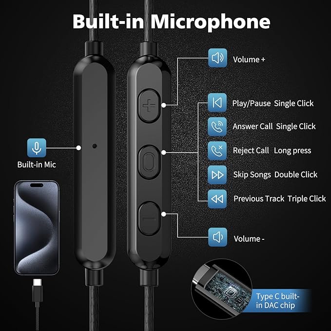 USB C Earbuds Headphones with Mic for iPhone 17 16e 16 Pro Max 15 Plus, Type C Wired in-Ear Volume Control Noise Isolation Sport Headset for Samsung Galaxy S25 S24 iPad Air Pro Oneplus 13 Pixel 8 7 6