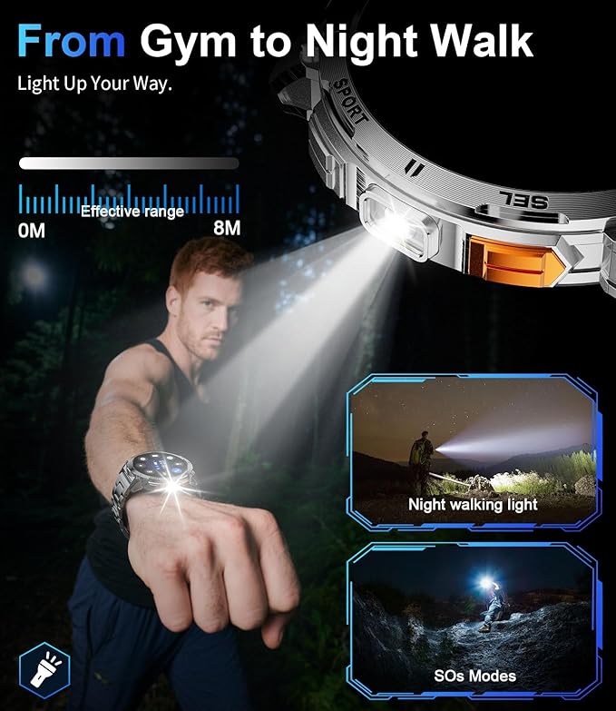 LIGE Smart Watches for Men with LED Flashlight/Call, 1,62'' HD AMOLED Screen 730mAh Military Smartwatches with 110+ Sports, 3ATM Fitness Tracker with 24/7 Heart Rate/Sleep for iOS Android, Silver