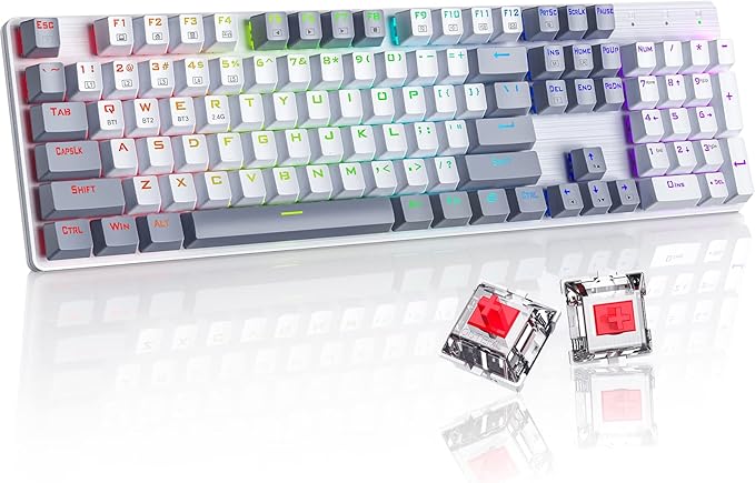 Wireless Mechanical Keyboard, Triple Mode 2.4G/USB-C/Bluetooth Gaming Keyboard, 104 Keys Programmable, Customize RGB Backlit, Red Switch, Bicolor PBT Keycaps, Rechargeable Wired Keyboard for Laptop PC