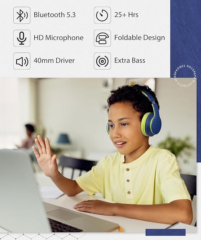 rockpapa E7 Over Ear Wireless Bluetooth Headphones with Mic Include Travel Case, Foldable Wired/Wireless Headphones with Microphone for Kids Childrens Boys Girls Teen Youth Adult Blue Green