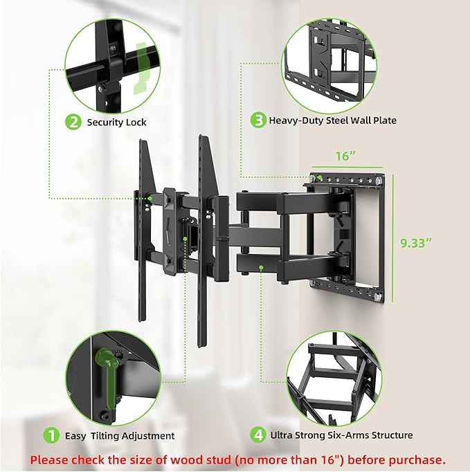 USX Mount Full Motion TV Wall Mount for Most 42-86 inch Flat Screen/LED/4K, TV Mount Bracket Dual Swivel Articulating Tilt 6 Arms, Max 16" Wood Studs, VESA 600x400mm, Holds up to 132lbs