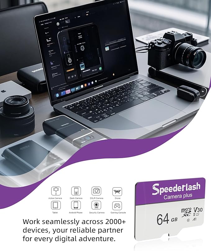 Micro SDXC Memory Card 64GB 2 Pack, Speederlash Camera Plus TF Card with Adapter, Up to 90MB/s Read Speed, 4K UHD&5K Video Support, U1 V30 A1 Rated, Waterproof, for Security Camera, Dashcam, Drones