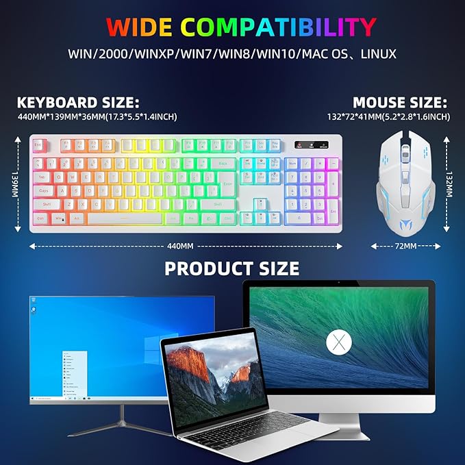 Wireless Gaming Keyboard and Mouse Combo - RGB Backlit, Rechargeable, Ergonomic, for Gaming Work, Long-Lasting Built-in Battery (White)