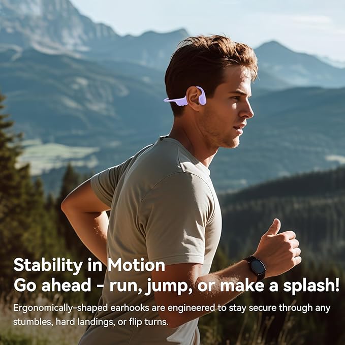 Swimming Headphones IP68 Waterproof, Open Ear Bone Conduction Headphones Bluetooth 5.4 with 32GB MP3 Player, Secure Comfort Underwater Swim Earbuds for Jogging Cycling Fitness-SurfAudio(Purple)