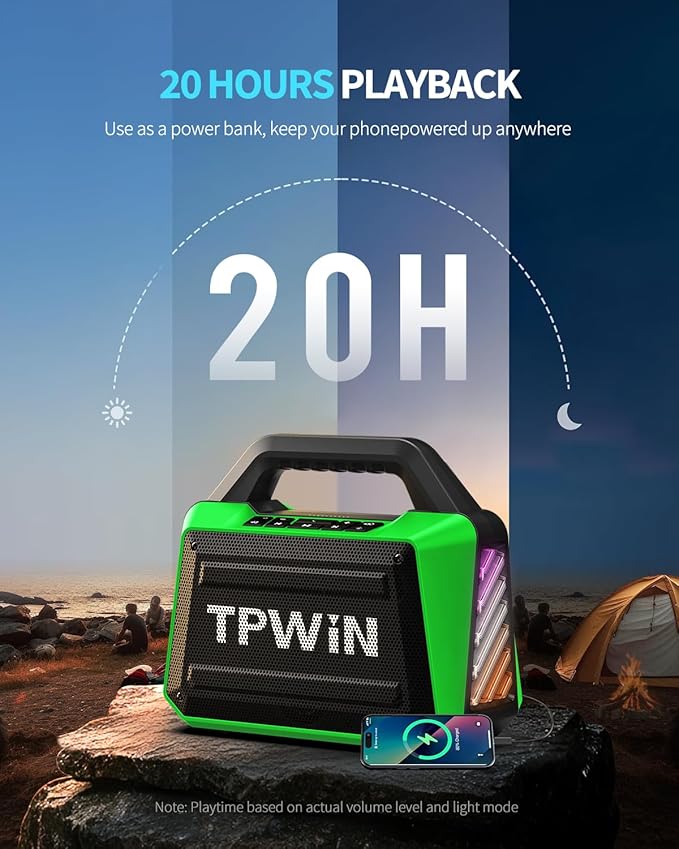 Bluetooth Speaker - 80W Loud Rugged Outdoor Speakers, IPX6 Waterproof, 20H Playtime, Deep Bass, Lightshow, TWS, BT 5.3 Wireless, Portable for Travel Hiking Camping Beach Pool - Green