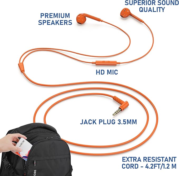 LUDOS Zenith Wired Earbuds in-Ear Headphones, 2 Years Warranty, Earphones with Microphone, Corded for 3.5mm Jack Ear Buds for iPhone, Samsung, Computer, Laptop, Kids, School Students, Woman - Orange