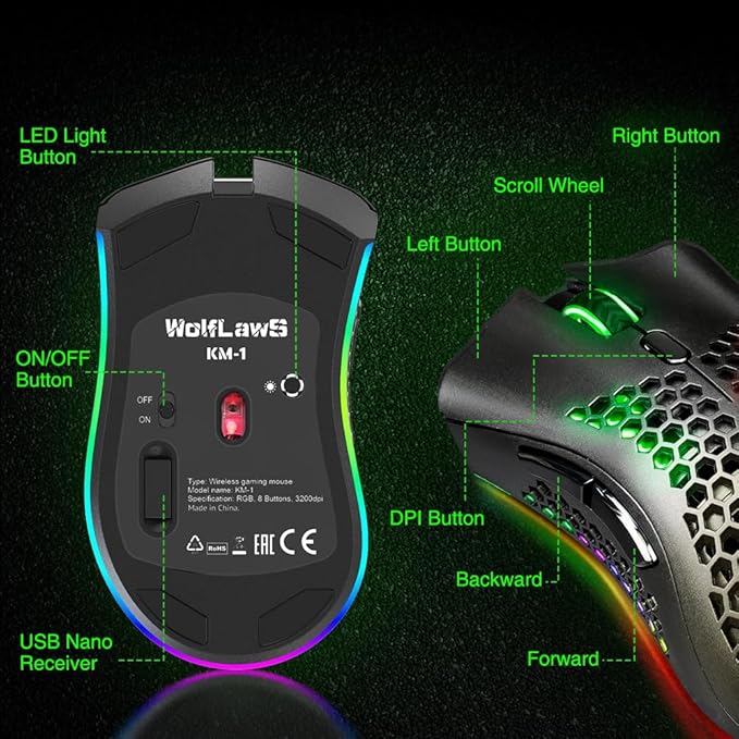 KM-1 Gaming Mouse, Wireless Mouse Gaming Computer Mice USB with Honeycomb Shell, 6 Programmed Buttons, 3 Adjustable DPI, Ergonomic RGB Optical Mouse for PC Mac Laptop
