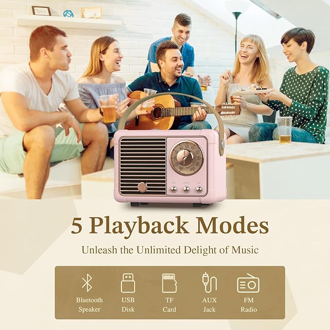 PRUNUS J-999 Retro Bluetooth Speaker,Vintage Decor,Mini Wireless Bluetooth Speaker,Cute Old Fashion Style Support USB/TF Card/AUX for Kitchen Desk Bedroom Office Party Outdoor(Pink)