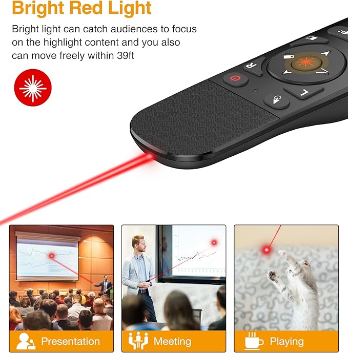 Presentation Remote with Air Mouse Function, Wireless Presenter Clicker RF 2.4GHz USB Laser Pointer Presenter Control PowerPoint Presentation Clicker for Mac, Laptop, Computer