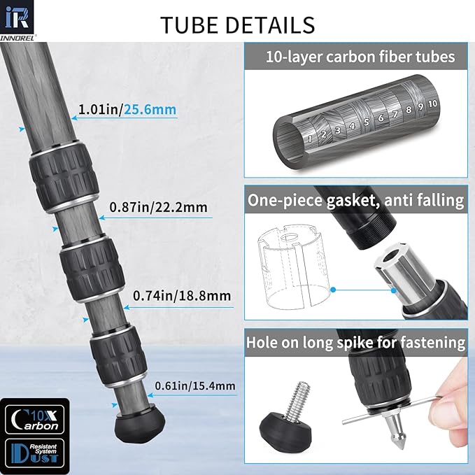 INNOREL Carbon Fiber Camera Tripod GT254C Professional Compact Portable Tripod for DSLR Camera Lightweight Camera Stand with Low Gravity Center Ballhead Special-Shaped Center Column Load 33.1lb/15kg