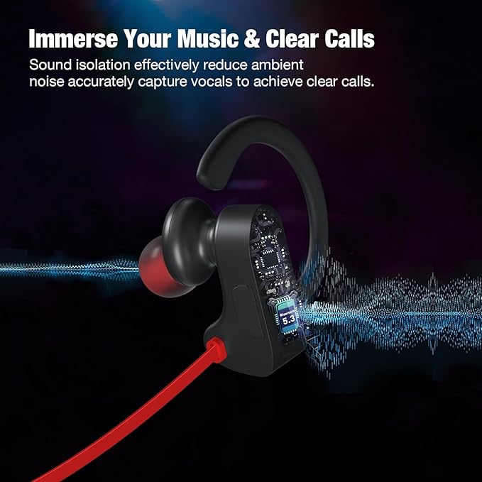 JOYWISE Bluetooth Headphones Wireless Earbuds 16H Playtime Wireless Headphones IPX7 Waterproof Bluetooth 5.3 Running Ear Buds with Mic Stereo in Ear Earphones Sound Isolation for Workout, Sports Red