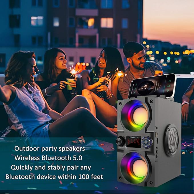 Bluetooth Speaker, 40W (60W Peak) Portable Wireless Speaker with Colorful Lights, Double Subwoofer Heavy Bass, FM Radio, MP3 Player, Bluetooth 5.0, Loud Stereo speakers for Home Outdoor Party Camping