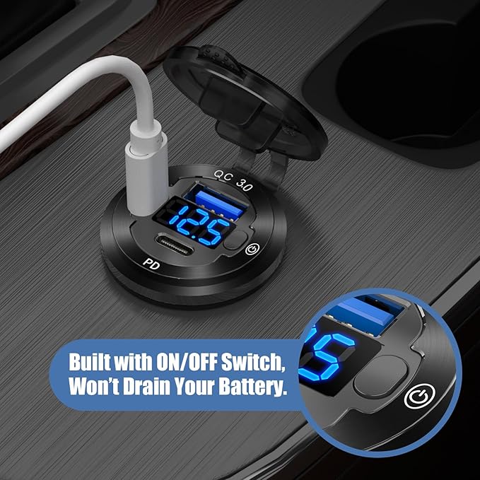 2 PACK 12V USB Car Socket Round USB C 12V Outlet, 3-Port Marine Fast Charger Waterproof Cigarette Outlet Replacement Aluminum with Switch and Voltmeter, Suitable for Boat Golf Cart RV Motorcycle