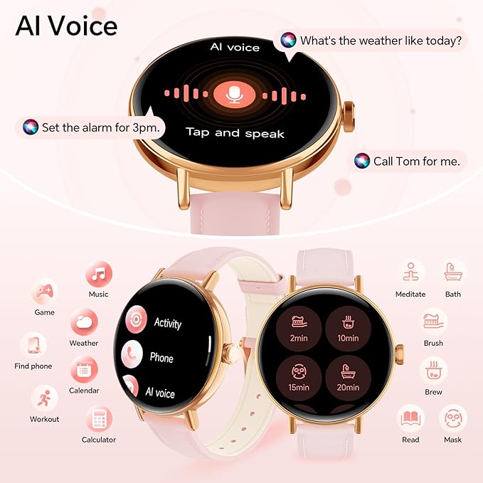 Smart Watches for Womem,1.27" HD Fitness Tracker Answer/Make Call, Heart Rate/Sleep/SpO2，Round Smart Watch for iPhone/Samsung/Android,IP68 Waterproof，110+ Sport Mode-Pink(2 Bands)