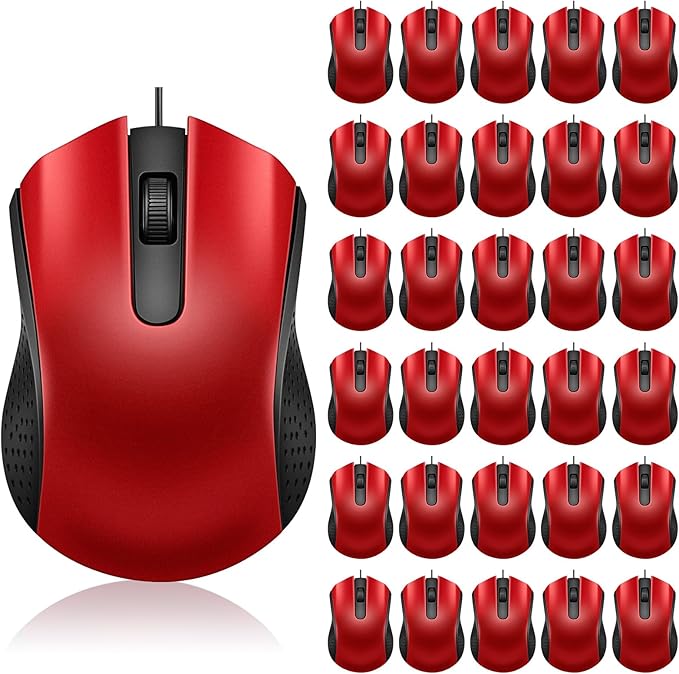 Bonuci 30 Pcs USB Wired Mouse Computer 3 Button Mice Bulk Corded USB Mouse for PC Desktop Laptop Computer Office School Home Classroom Supplies (Red)