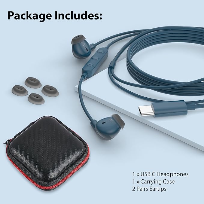 USB C Earbuds USB Type-C Headphones for iPad 10th Generation iPhone 17 16 Pro 15 Plus Galaxy S21 Wired Headphone Earphones with Microphone Volume Control Noise Isolating HiFi Stereo Headset Lake Blue