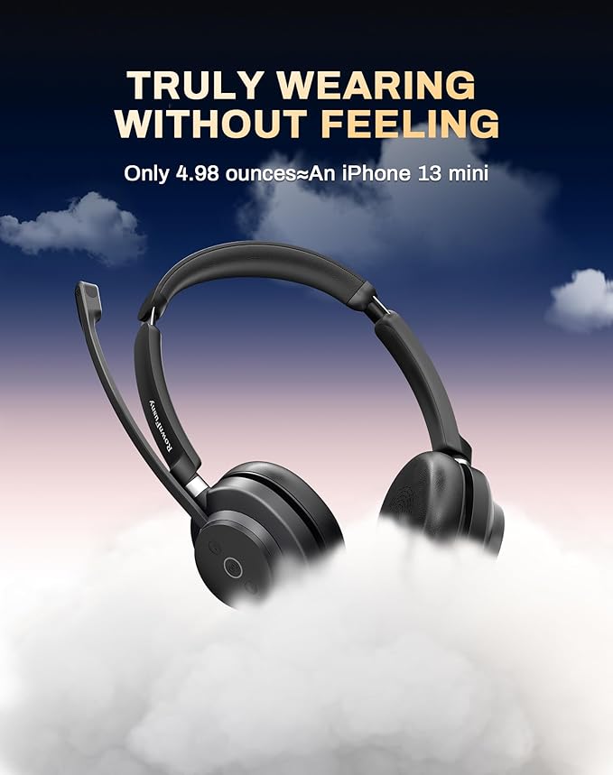 Wireless Headset with Mic for Work-Bluetooth Over Ear Headphones with Microphone,Noise Cancelling with Mute & USB Dongle for Computer/Phones/Remote Work/Call Center,Lightweight All Day Comfort