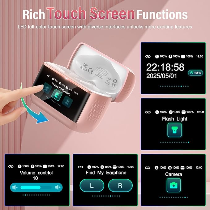 Wireless Earbuds, Bluetooth 5.4 Headphones with Multifunction Touch Screen, 48H Deep Bass Stereo Ear Buds, 5 EQ Modes, ANC/ENC Noise Cancelling, Transparency Mode, IPX7 Bluetooth Earbuds, Rosa