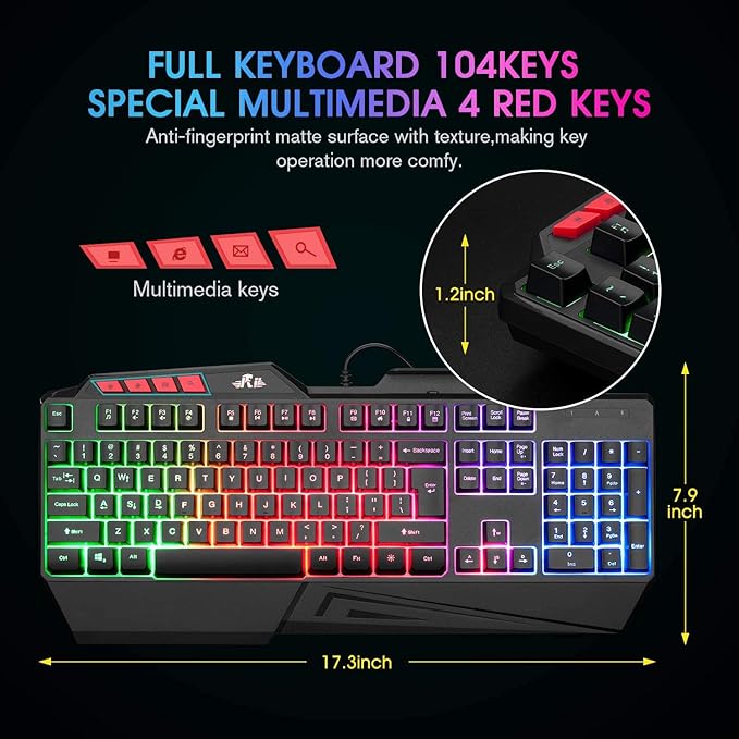 Rii RK202 RGB Gaming Keyboard Multiple Color Rainbow LED Backlit USB Wired Gaming Keyboard with Wrist Rest for Windows & Mac PC Gamers (Black)