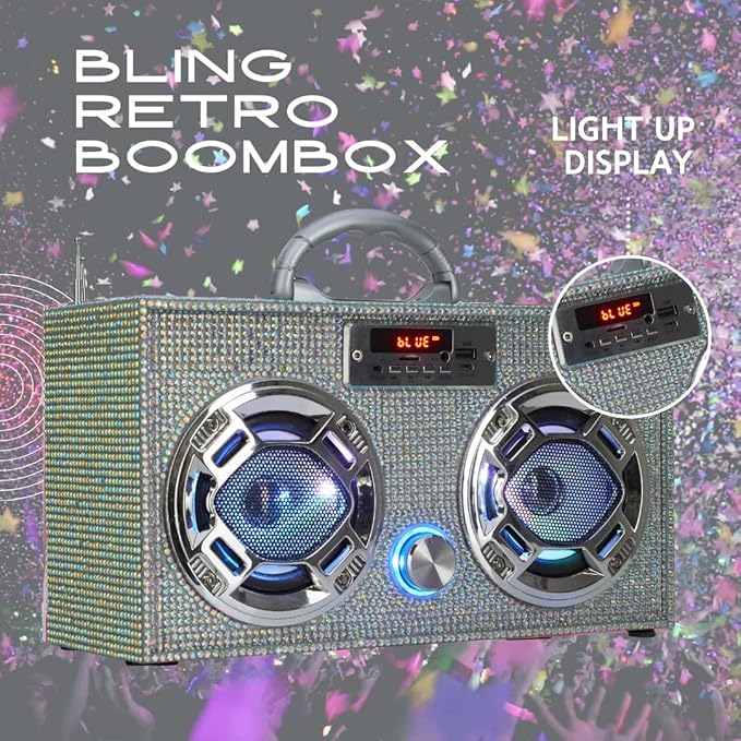 Mini Boombox with LED Speakers – Retro Bluetooth Speaker w/Enhanced FM Radio - Perfect for Home and Outdoor (Iridescent Bling)
