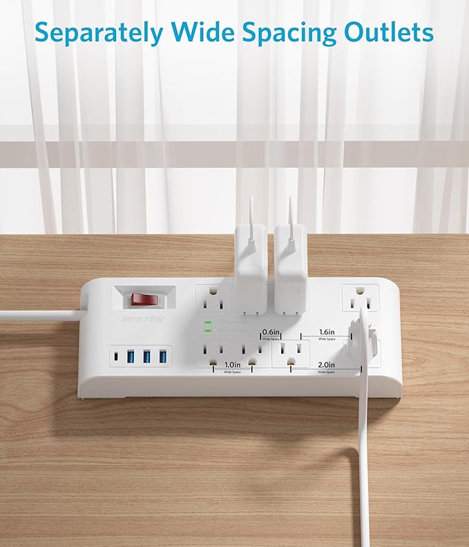 BESTEK 4,000 Joules Surge Protector with USB, Power Strips with 8 AC Outlet, 3 USB-A 2.4A 1USB-C 3A, MAX Output 1625W 13A, Long 5 Feet Heavy Duty Extension Cords 7 White