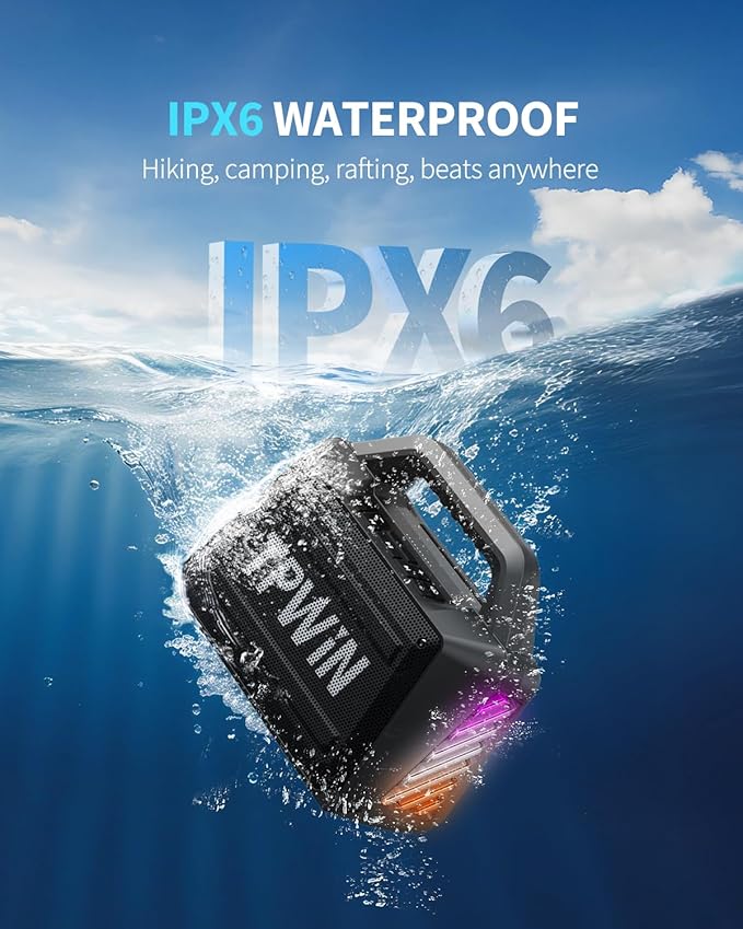 Bluetooth Speaker - 80W Loud Rugged Outdoor Speakers, IPX6 Waterproof, 20H Playtime, Deep Bass, Lightshow, TWS, BT 5.3 Wireless, Portable for Travel Hiking Camping Beach Pool - Black