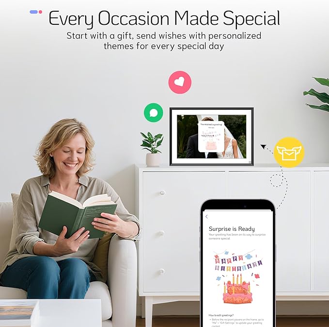 NexFoto 10.1 Inch Touchscreen Digital Picture Frame 64GB, HD WiFi Digital Photo Frame, Unboxing Gift Mode, Add Photos from Google Photos, Easy to Share Photos/Videos, Gifts for Mom, Black