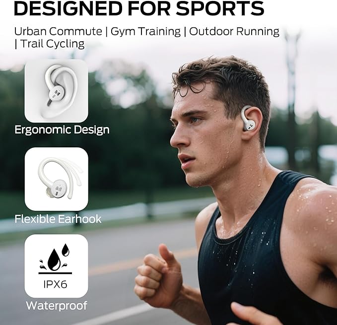 Monster N-Lite 216 Wireless Earbuds, Sports Ear Buds with Earhooks, ENC Noise Cancelling Mic,IPX6 Waterproof. Bluetooth 6.0 Headphones Stereo Bass Ear Buds 48H Playtime with LED Display White