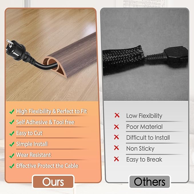 Floor Cord Cover for Wires on Floor Self Adhesive Cord Hider Floor Cable Management Wire Covers for Cords Protector Prevent Cable Trips Cord Cavity W 0.32" x H 0.32", Grayish Brown Wood, 20Ft
