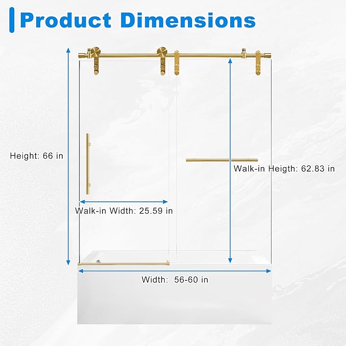56-60" W x 66" H Tub Shower Door Bathroom Sliding Shower Door 5/16"(8mm) Thick Tempered Glass Shower Door with Double Stainless Steel Handles for Bathtub, Brushed Gold