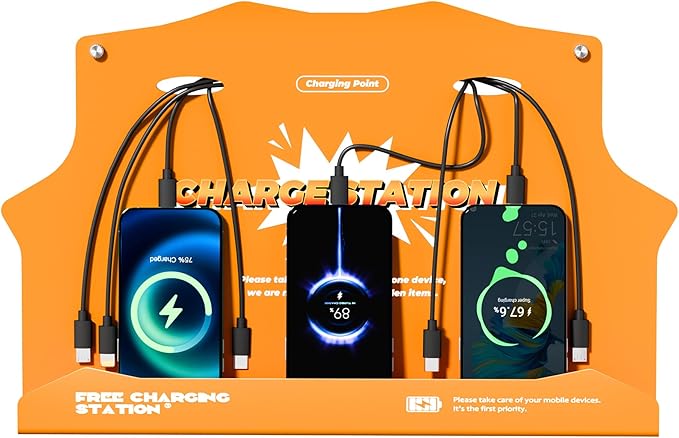 Wall Mounted Cell Phone Charging Station with 8-Port High-Speed Cables – Universal Dock for Apple, Type-C & Android Devices – Ideal for Airports, Hotels, Malls, Offices, Schools (Orange)