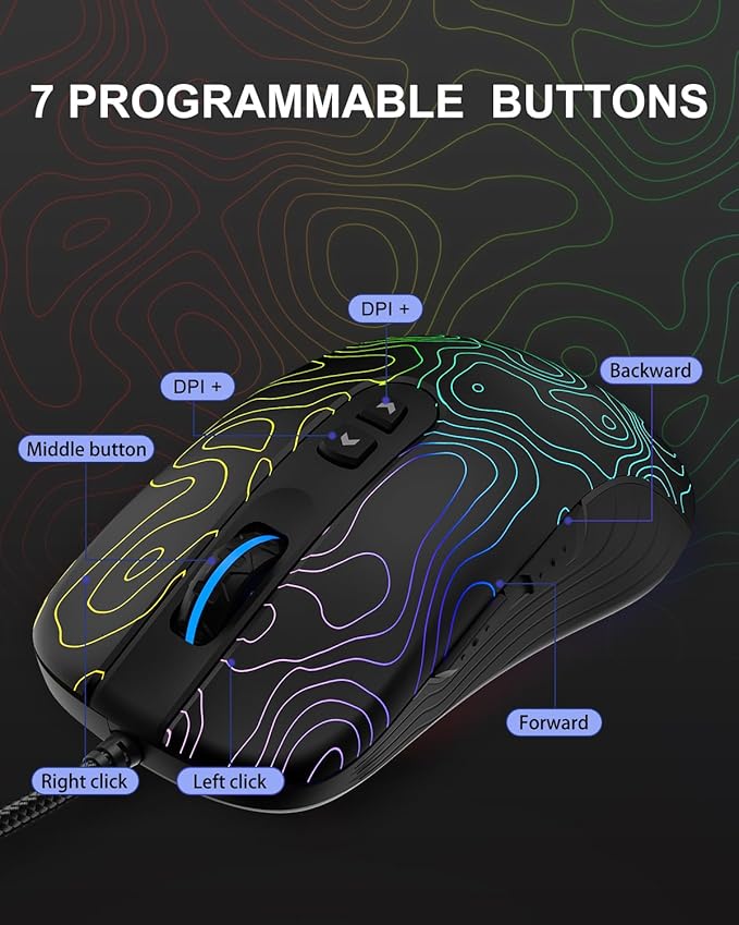 Womier G705 USB Wired Gaming Mouse for PC Computer Windows Mac Laptop, Lightweight Silent RGB Backlit Mouse with Adjustable 12000DPI/7 Programmable Side Buttons,Kanagawa Theme (Black Topographic)