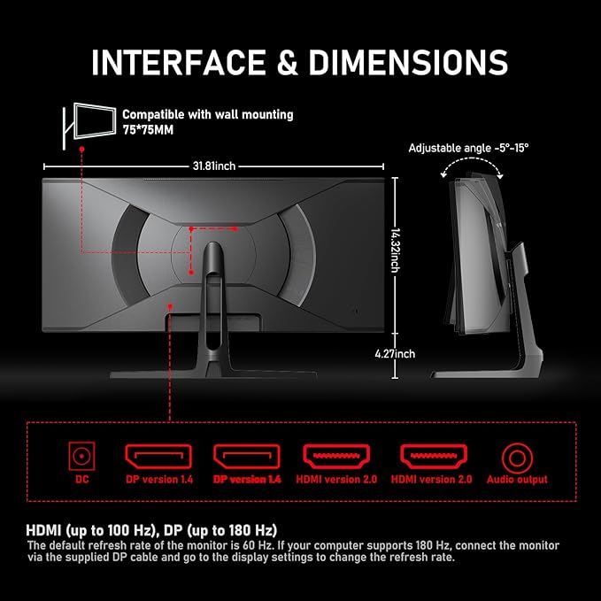 34 Inch Ultrawide Curved 180Hz Gaming Computer Monitor,1500R PC Screen 21:9 UWQHD (3440x1440),128% sRGB,Adaptive Sync,178° Viewing Angle,Display Port、HDMI,Compatible with Wall mounting -Black