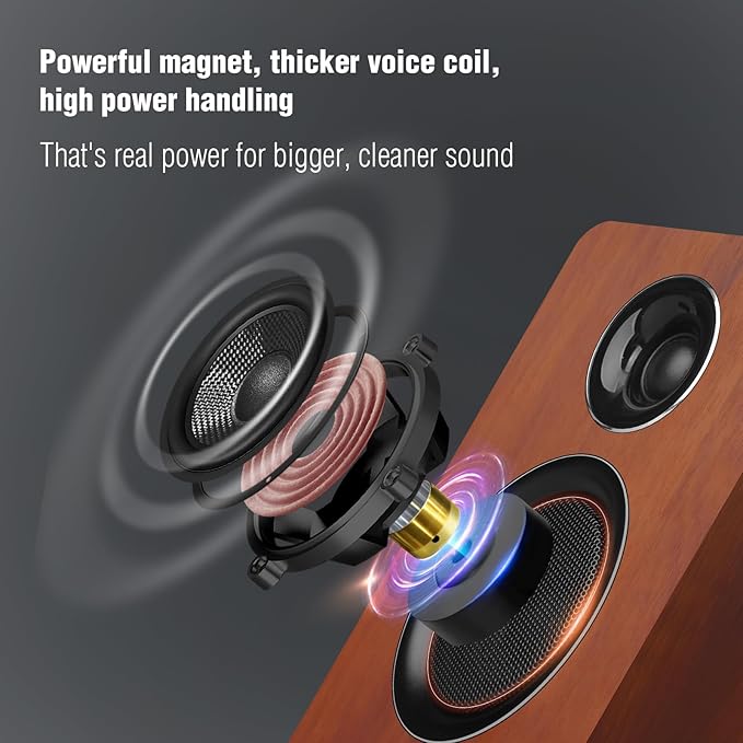 Computer Speakers for Desktop PC, Active Bookshelf Speaker with 3‘’ Carbon Fiber Woofer and Silk Film Tweeter ,Supports Bluetooth 5.3, USB-C, AUX/RCA Input for Record Player TV - Brown Stereo Set