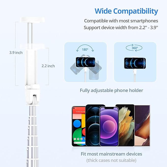 ATUMTEK 60" Selfie Stick Tripod, All in One Extendable Phone Tripod Stand with Bluetooth Remote 360° Rotation for iPhone and Android Phone Selfies, Video Recording, Vlogging, Live Streaming, White