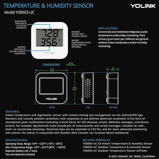 YoLink Smart Wireless Temperature & Humidity Sensor, 3-Pack, Wide Temp Range for Fridge, Green House, Pet Cage, App Alerts, Emails, Text/SMS alerts- Hub Required