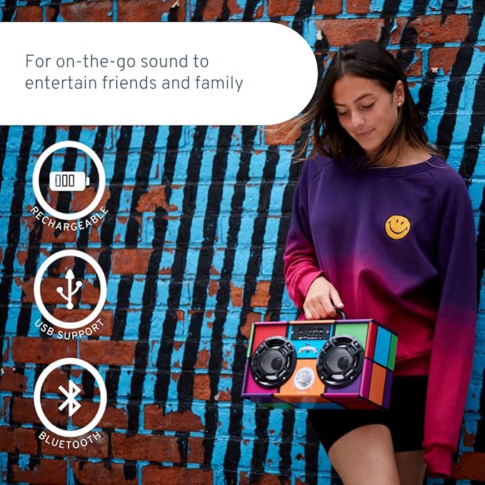 Boombox Speaker with LED Lights – Retro Bluetooth Speaker w/Enhanced FM Radio - Perfect for Home and Outdoor (Swirl Bling)