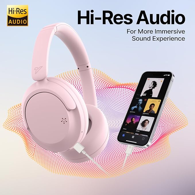 VOKALEN Hyper GO Wireless Over-Ear Noise Cancelling Headphones with Mic, 60H Playtime, Bluetooth Headset, Hi Res Audio, Deep360 Spatial Audio, Ultra-Lightweight for Travel, Work, Study (Pink)